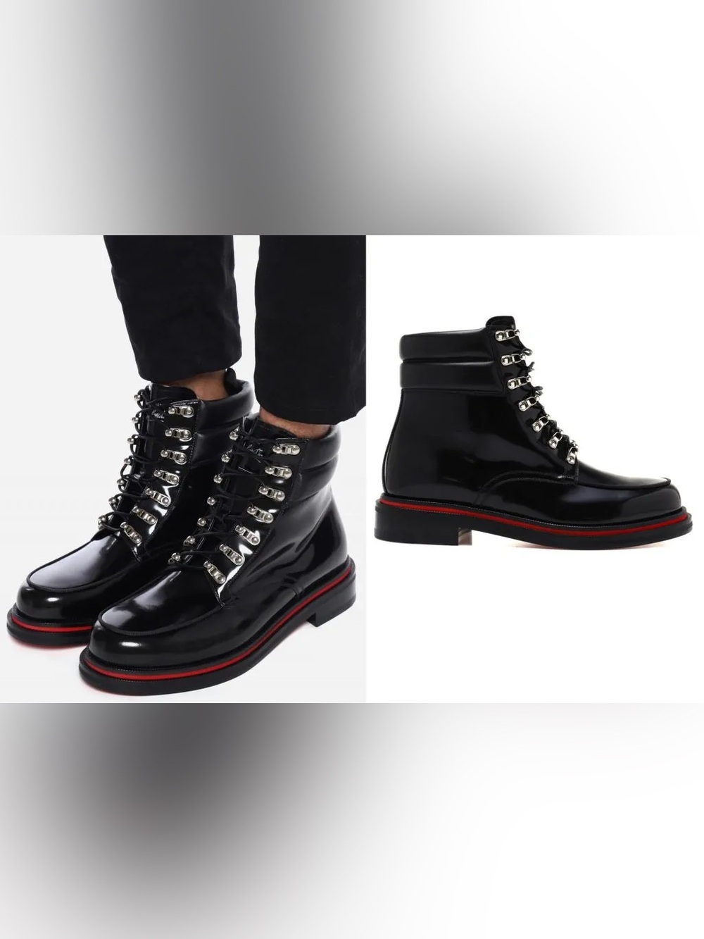 CHRISTIAN LOUBOUTIN
Men's Alopista Patent Leather Combat Boots In Black EU 41